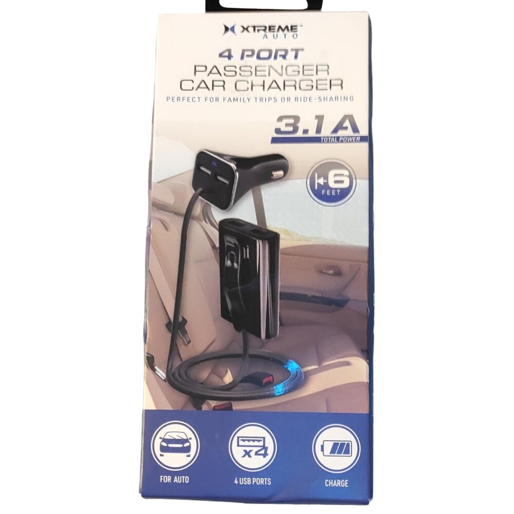 XTREME Auto 4 Port Passenger Car Charger Extension Cord 6 feet 3.1 A power NEW